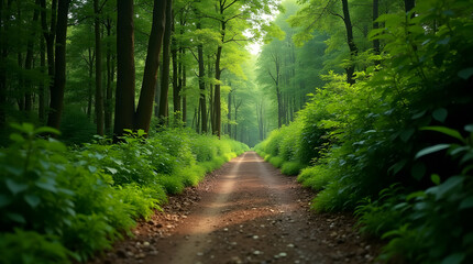 Forest Path in Verdant Woodlands with Sunlit Trees Creating Natural Tranquility and Refreshing Atmosphere for Scenic Walk Through Green Landscape in Summer