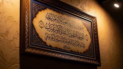 Elegant Arabic calligraphy of a sacred Islamic verse, displayed in an ornate frame against a warmly lit, textured wall