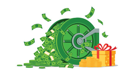 A large green safe overflows with stacks of cash, while gold coins and a festive gift box sit nearby, representing financial success and bonus rewards.
