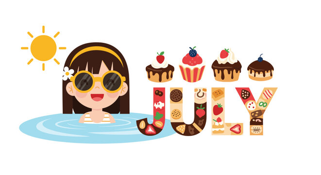 A happy girl enjoying a swim under the summer sun, alongside the word 'JULY' crafted from colorful desserts and cupcakes.