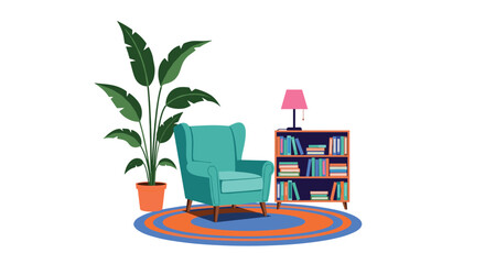Fototapeta premium A cozy reading nook setup with a teal armchair, a houseplant, a bookshelf full of books, and a pink lamp on a colorful patterned rug.