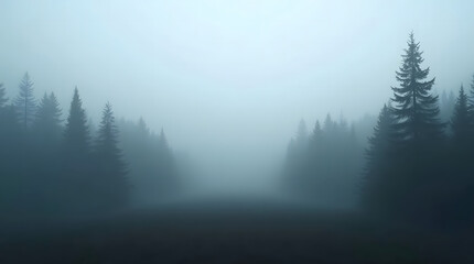 Mysterious Forest Silhouette in Thick Fog Offering Dreamlike and Atmospheric Scene Perfect for Eerie Visuals and Tranquil Contemplation