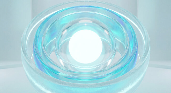 Glowing data core protected by multiple layers of transparent glass shields. Concept of cybersecurity, data privacy, GDPR compliance, and digital safety