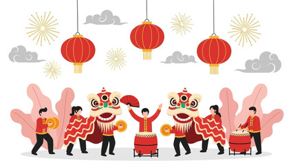 A vibrant illustration of a Chinese New Year celebration with lion dancers, drummers, lanterns, and fireworks in a festive scene.