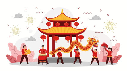 Vibrant Chinese New Year celebration with dragon dance, traditional pagoda, and festive decorations.