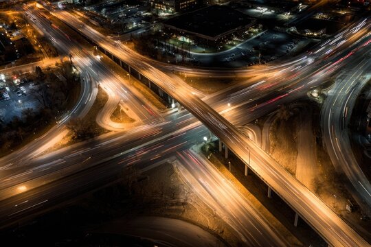 Aerial night view of illuminated elevated roadways showcasing car light trails across multiple intersections