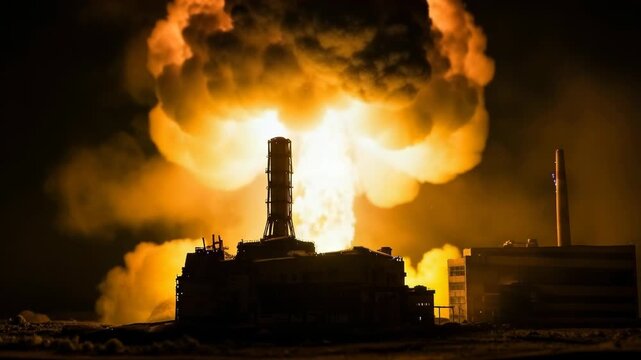 Nuclear power plant silhouette against a dramatic, fiery mushroom cloud explosion at night