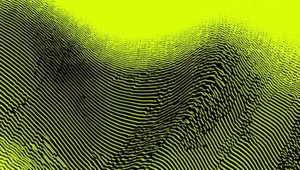 Abstract, graphic representation of a rolling landscape, created with dark parallel lines against neon yellow background