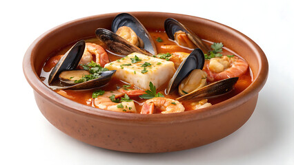 Hearty seafood stew with mussels shrimp and fish in a terracotta bowl