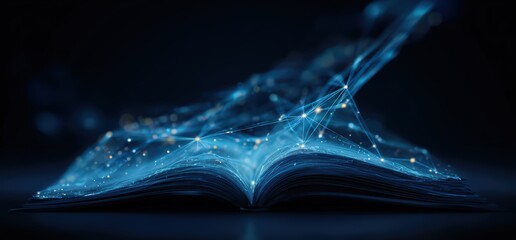 Open book with glowing blue data streams flowing out and connecting