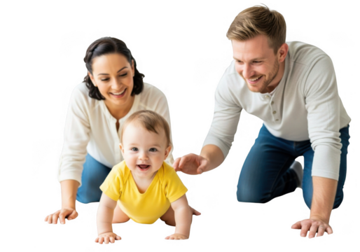 Happy parents and baby crawling together on transparent background isolated on transparent background
