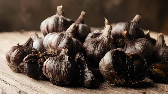 Close up of a cluster of black garlic bulbs, some cut open, on wood