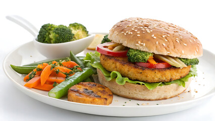 Delicious vegetarian burger with fresh steamed vegetables and grilled zucchini