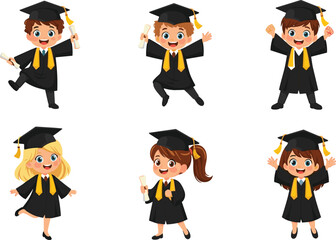 Happy kindergarten children vector cartoon characters set celebrating graduation holding a diploma scroll wearing academic gown and graduation cap excited with hands up