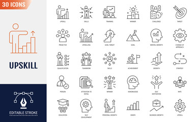 Upskill icon set. Upskilling, personal growth, development, education, career, and more. Outline Icon. Vector illustration. Editable stroke