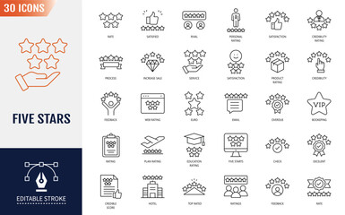Five star icon set. 5 star, rating, satisfaction, premium, feedback, quality review scores, and more. Editable stroke. Vector illustration