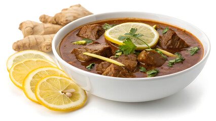 Hearty meat curry with ginger and lemon garnish