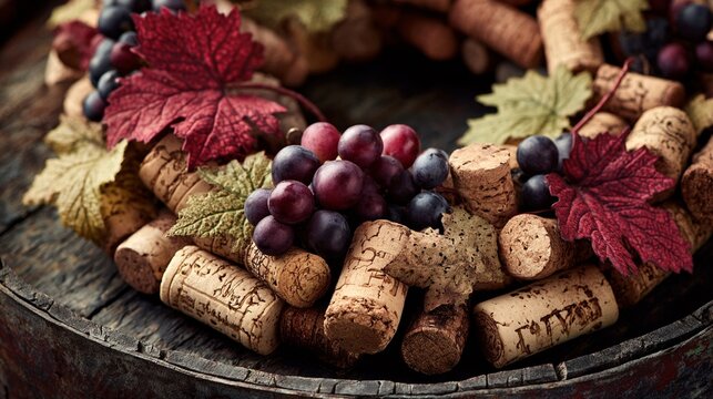 Wine corks and grapes with autumn leaves