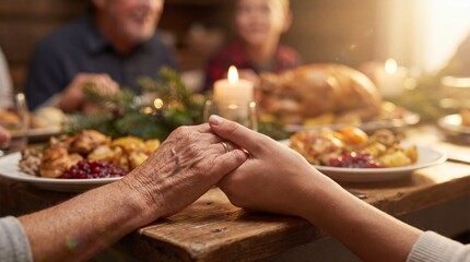 Family holding hands and saying grace before a festive holiday meal