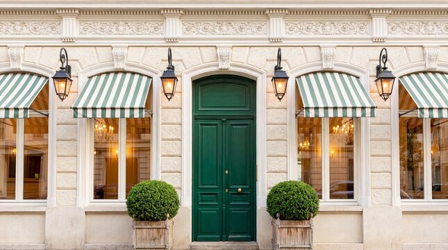 Elegant Parisian building facade with a green door and striped awnings