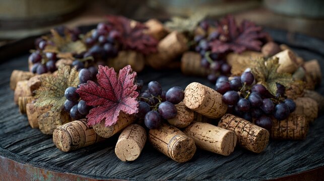 Wine cork wreath with grapes and leaves