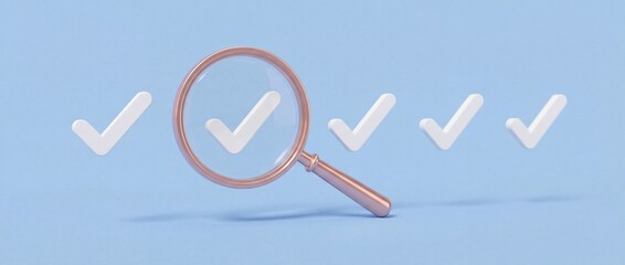 Magnifying glass inspecting a checkmark for quality control and verification