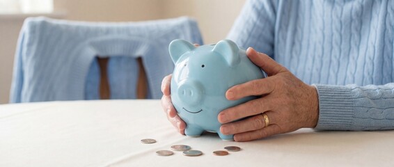 Senior person's hands holding a blue piggy bank, concept of retirement savings