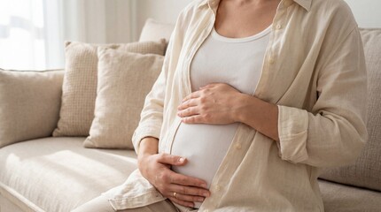 A serene pregnant woman gently cradling her belly while relaxing on a sofa at home