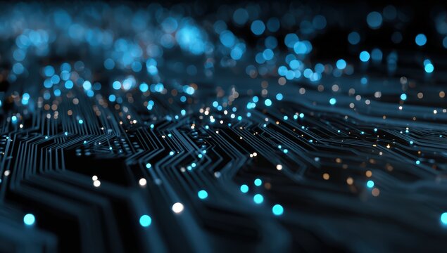 Abstract glowing digital circuits with luminous dots on dark background - Powered by Adobe