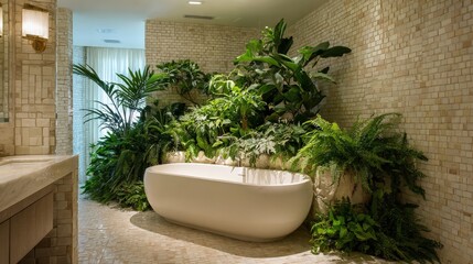 A serene bathroom featuring a modern tub surrounded by lush greenery and textured stone walls, creating a tranquil, spa-like ambiance.