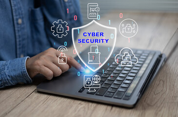 Person using laptop with digital lock icons and cybersecurity shield, representing data protection, secure networks, online privacy, encrypted systems, and modern cyber defense technology