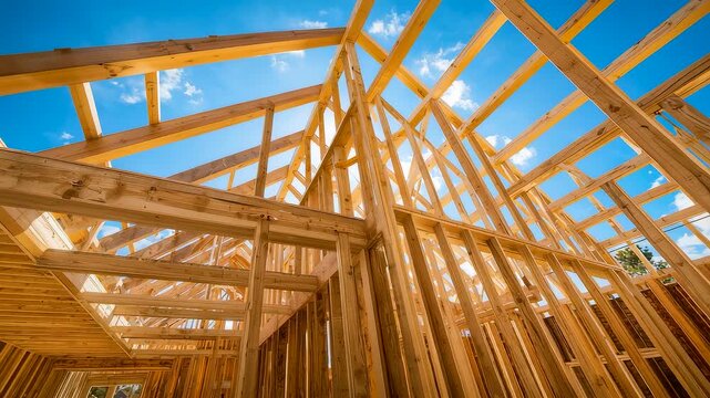 Wooden house framing under construction with exposed timber beams, clear blue sky, residential building process, structural carpentry work