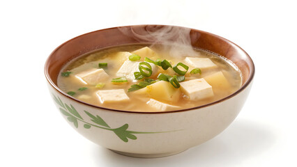 Steaming bowl of miso soup with tofu and green onions