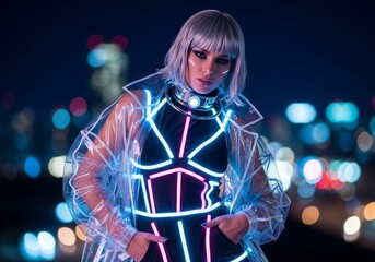 A portrait of a woman dressed as a character from the future, emphasizing bold style and innovative clothing technology.