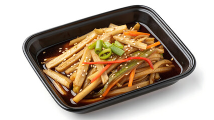 Savory stir fried root vegetables in a black takeout container