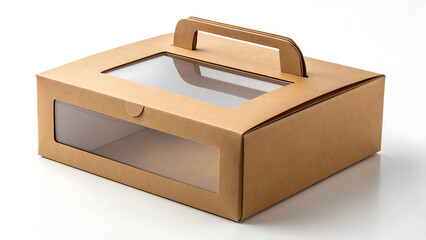 Brown cardboard bakery box with clear window and handle