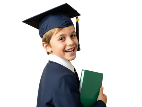 Smiling Boy in Graduation Cap Holding Book on White Background