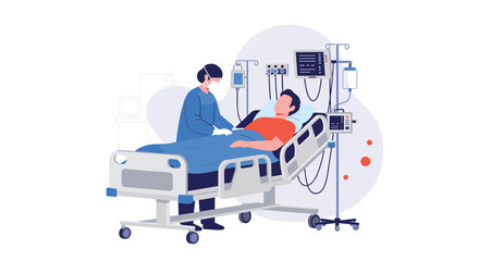 Medical professional in scrubs and mask attending to a patient in a hospital bed surrounded by monitoring equipment.