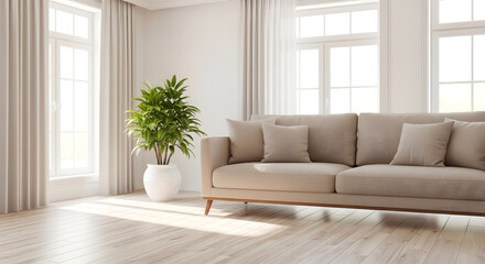 Fototapeta premium Modern living room interior with a comfortable sofa in natural light by the window