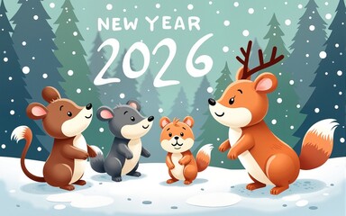 Naklejka premium Cute cartoon animals celebrating New Year 2026 in a snowy winter forest. High quality