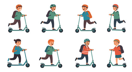 Fototapeta premium Collection of eight cheerful cartoon boys wearing helmets and backpacks enthusiastically riding kick scooters.