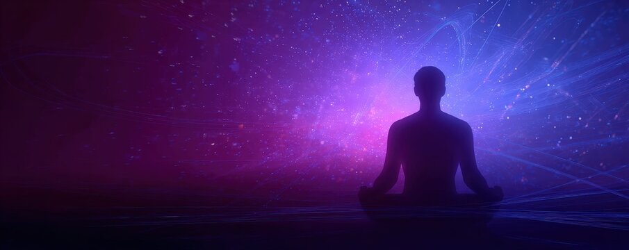 A serene silhouette meditating against a vibrant, cosmic background, symbolizing inner peace and connection to the universe.