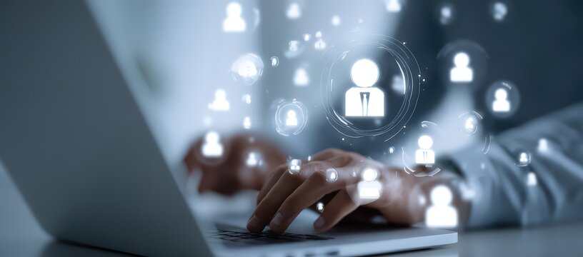 Person interacting with digital network of user profiles on laptop - Powered by Adobe