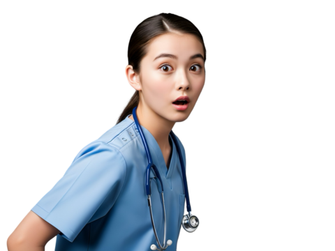 Surprised Young Asian Nurse in Blue Scrubs on White Background - Powered by Adobe