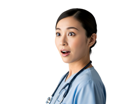 Surprised Asian Nurse Looking Sideways on White Background