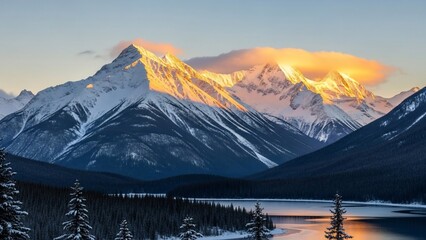 The first golden rays of sunrise kiss the snow-covered peaks of a majestic mountain range over a serene, frozen lake in a winter wonderland