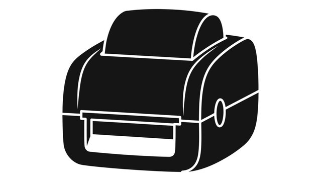 Clean, minimalist black silhouette icon of a modern desktop thermal label printer, essential for business, logistics, an