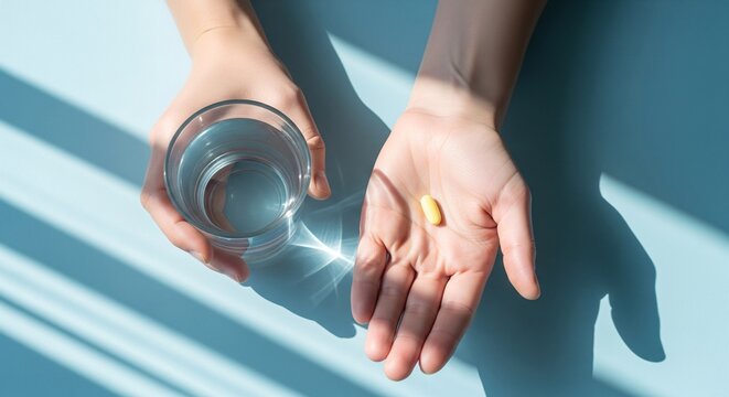 Morning health ritual a person holds a vitamin pill and a glass of pure water - Powered by Adobe
