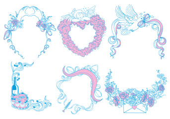 A set of 6 romantic decorative frames. Elegant with bows and roses, cute with a festive cake, charming with an angel on clouds, classic with Cupid's bow and arrows, an envelope with flowers, a dove 