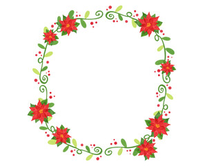 Poinsettia Wreath Frame. Christmas winter red flower painted by watercolor. Frame for greeting card, poster, flyer and banner.	